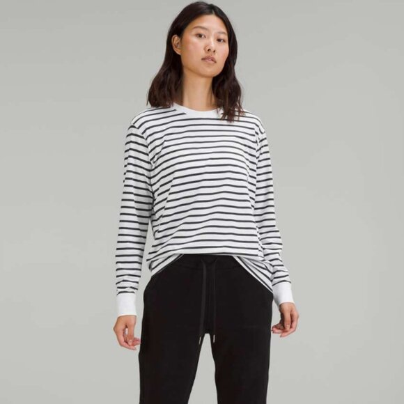 lululemon athletica Tops - Lululemon All Yours Cotton Long Sleeve Shirt Yachtie Stripe White Grey Size 12